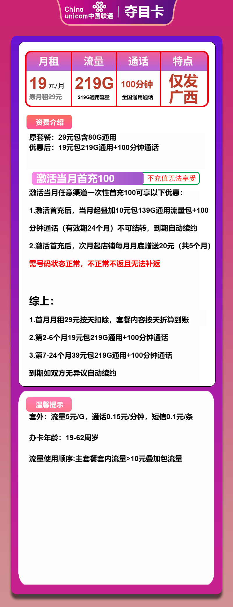 联通夺目卡19元/月：219G流量+100分钟通话（第7个月起39元月租，长期套餐，仅发广西省内）