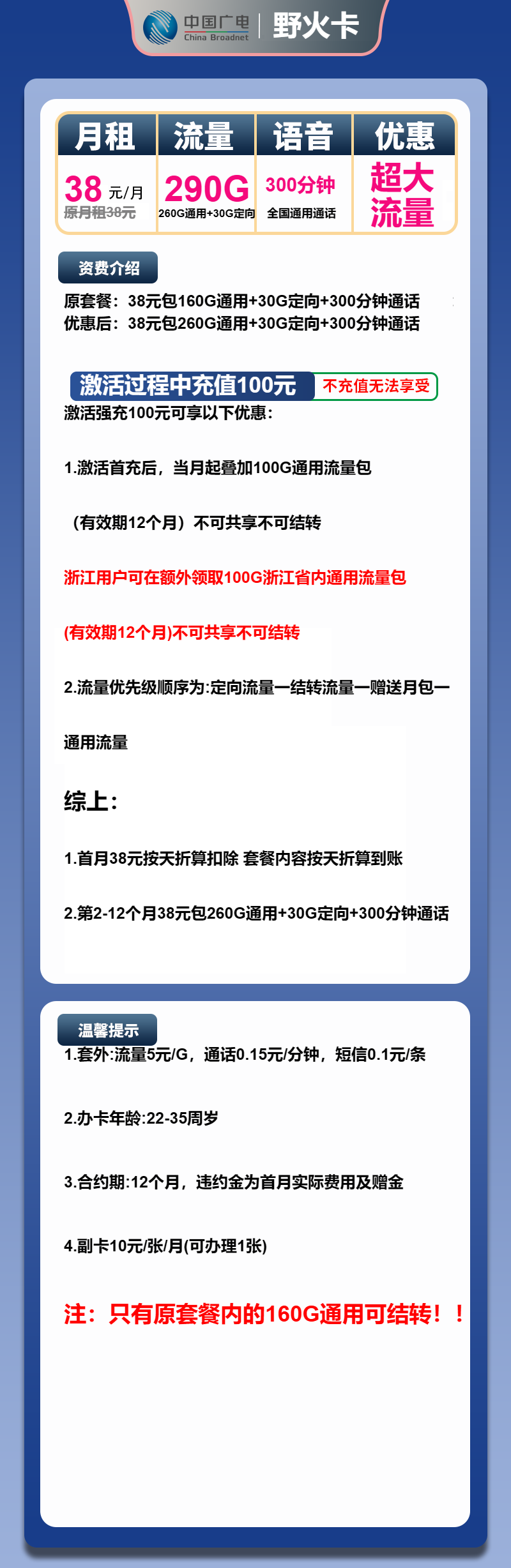 广电野火卡38元/月：290G流量+300分钟通话（长期套餐）