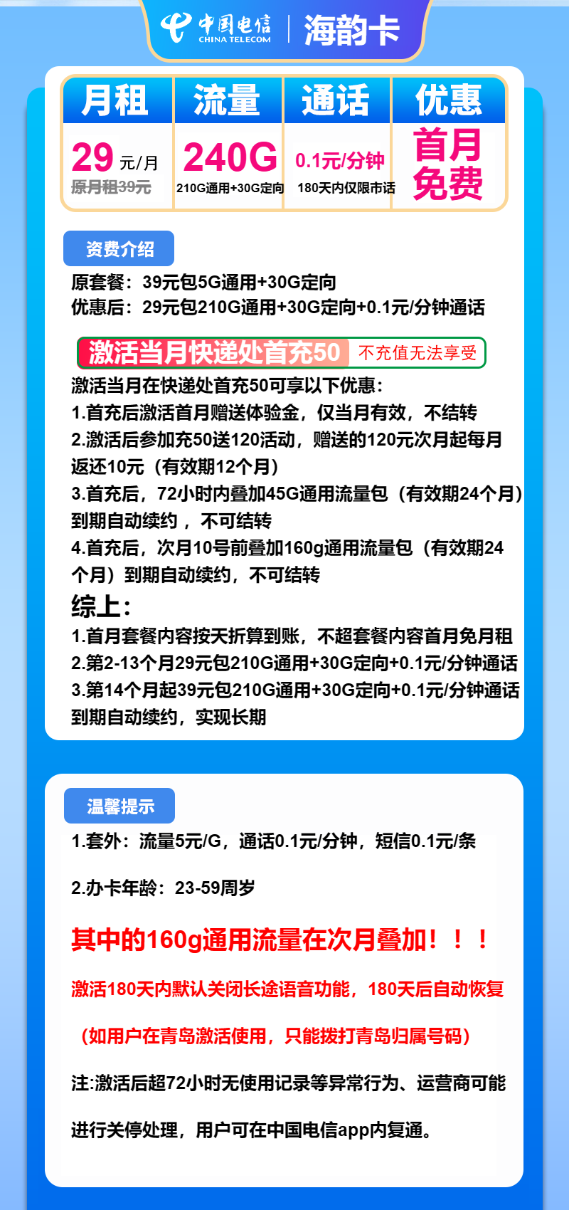 电信海韵卡①29元/月：240G流量+通话0.1元/分钟（第14个月起39元月租，长期套餐）