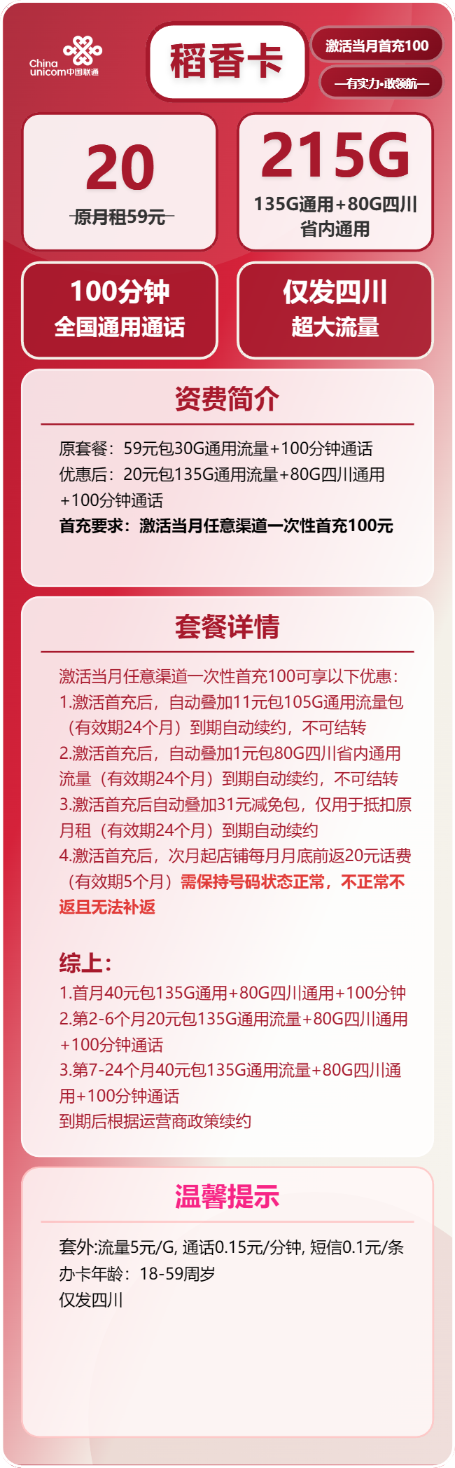 联通稻香卡20元/月：215G流量+100分钟通话（第7个月起40元月租，长期套餐，仅发四川省内）