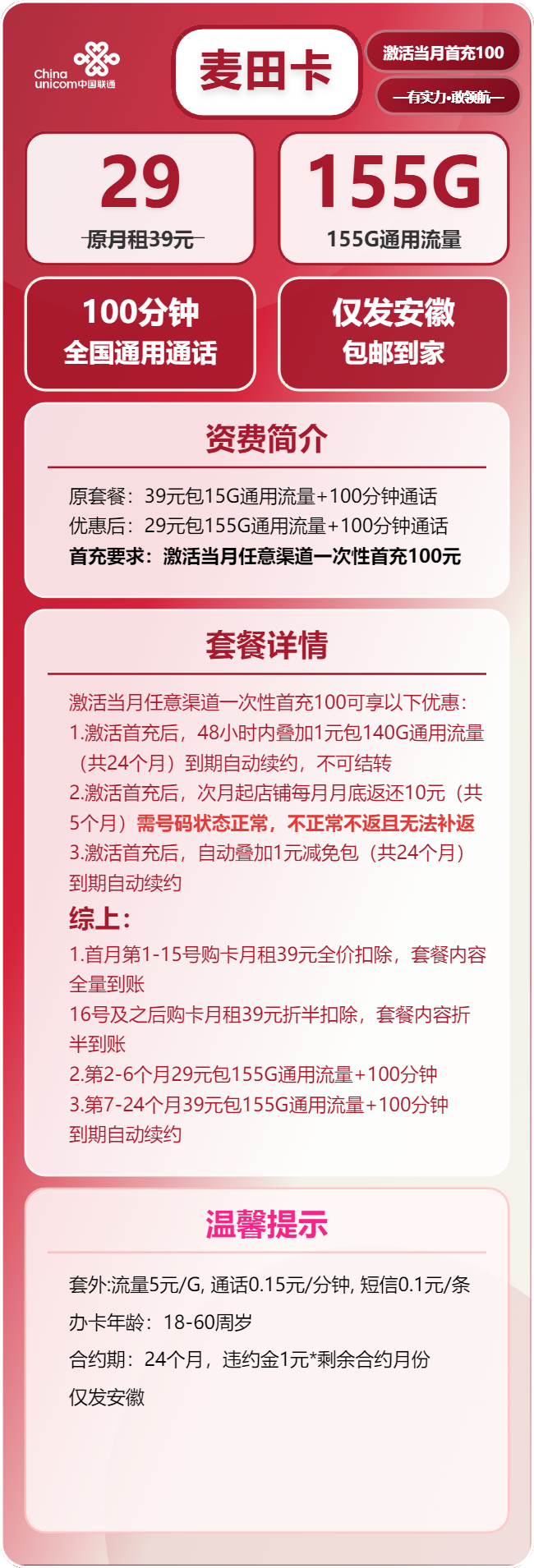 联通麦田卡29元/月：155G流量+100分钟通话（第7个月起39元月租，长期套餐，仅发安徽省内）