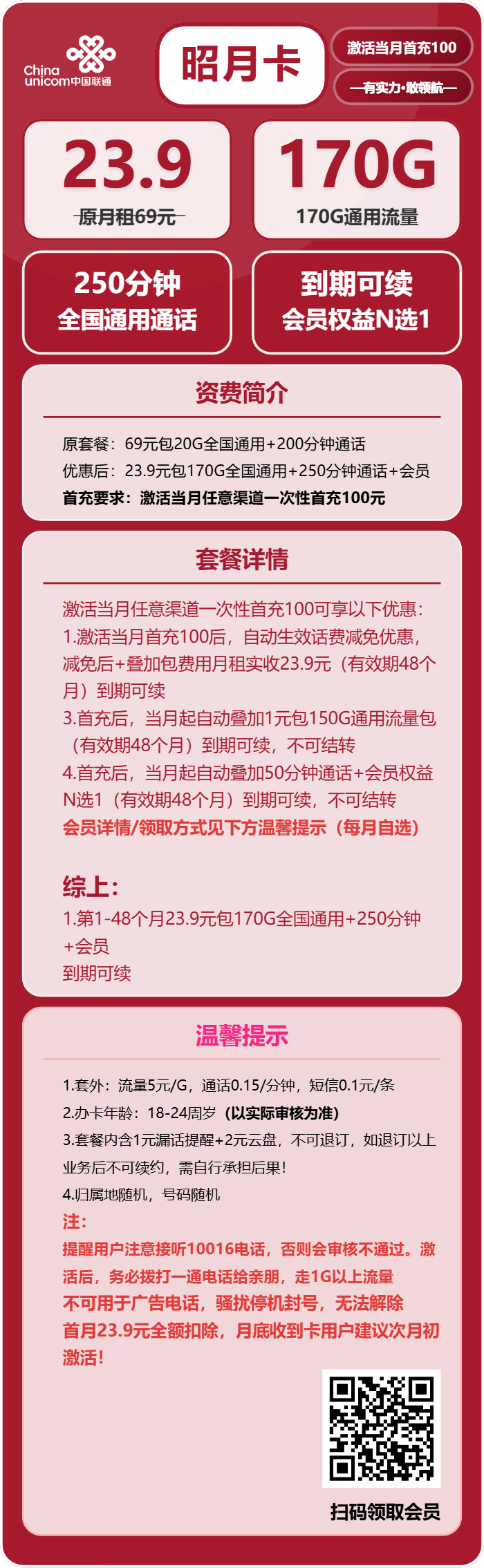 联通昭月卡23.9元/月：170G流量+250分钟通话+会员（长期套餐，送长期视频会员，需提供公安码）