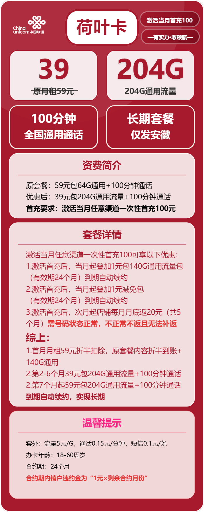 联通荷叶卡39元/月：204G流量+100分钟通话（第7个月起59元月租，长期套餐，仅发安徽省内，可选号）