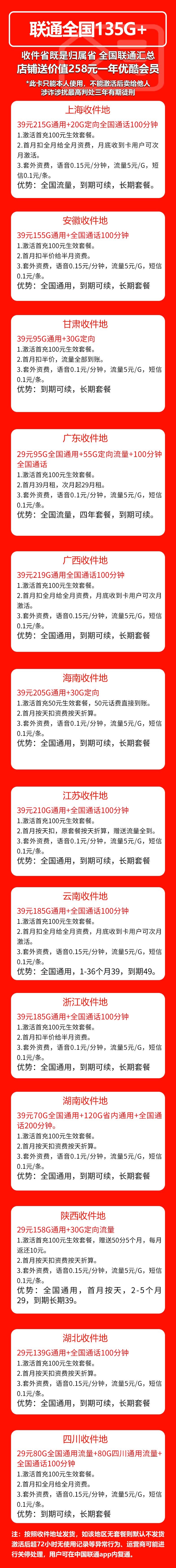 联通全国卡①（长期套餐，全国省内联通汇总）