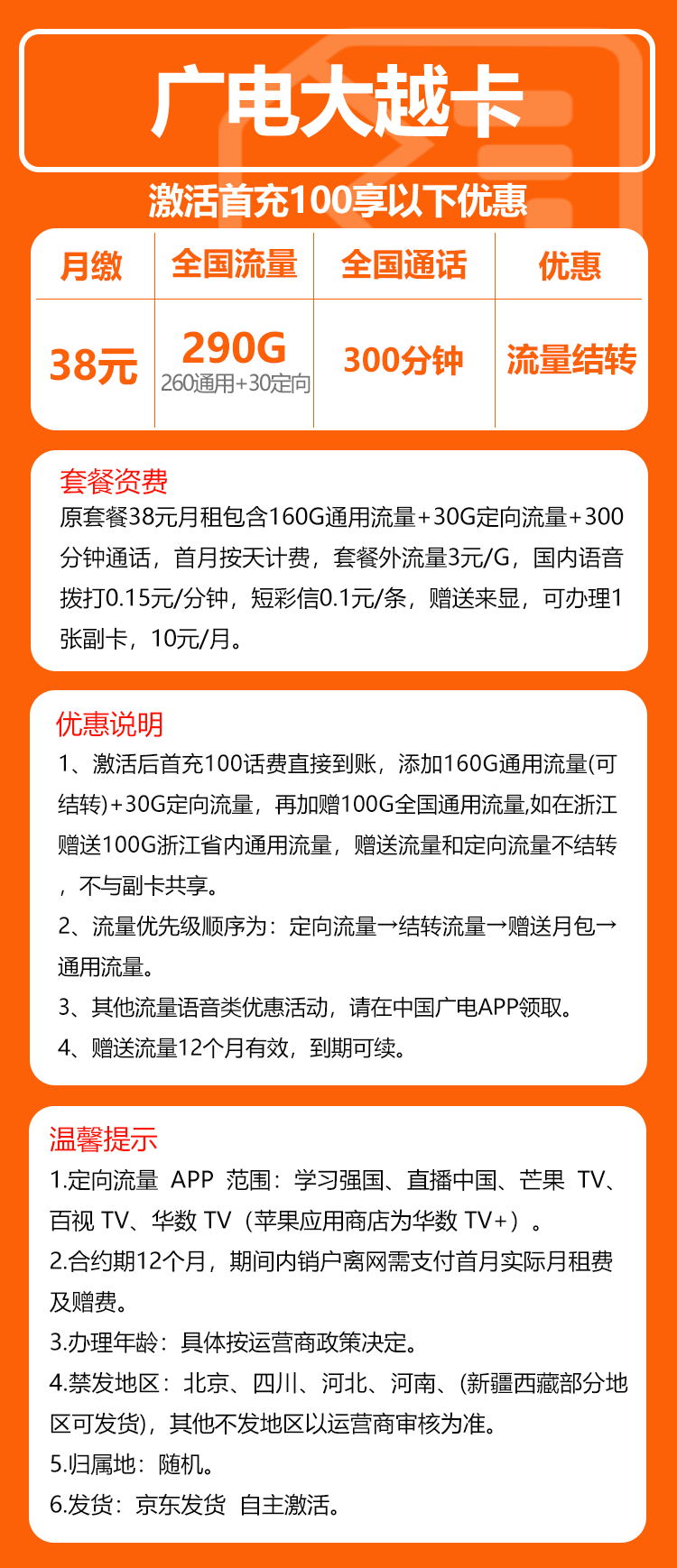 广电大越卡①38元/月：290G流量+300分钟通话（长期套餐）