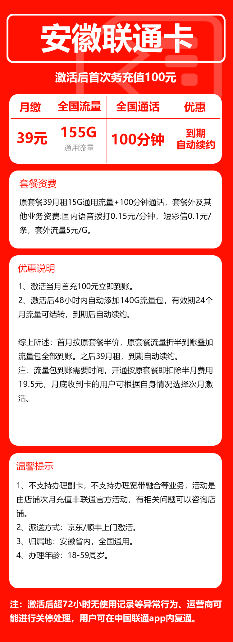 联通安徽省内卡③39元/月：155G流量+100分钟通话（长期套餐，仅发安徽省内，可选号）