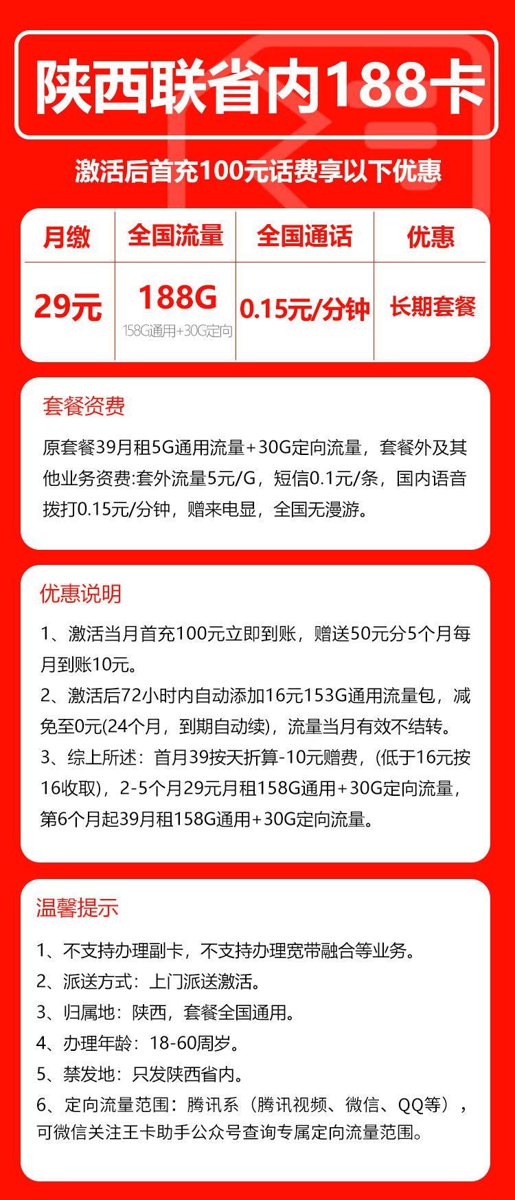 联通陕西省内188卡①29元/月：188G流量+通话0.15元/分钟（长期套餐，仅发陕西省内，可选号）