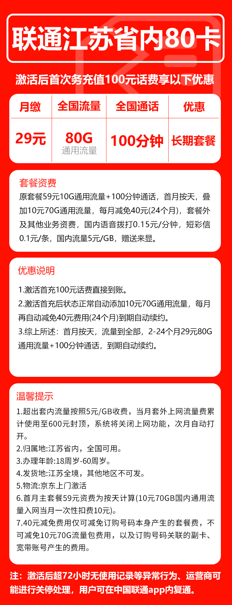 联通江苏省内80卡29元/：月80G流量+100分钟通话（长期套餐，仅发江苏省内，可选号）