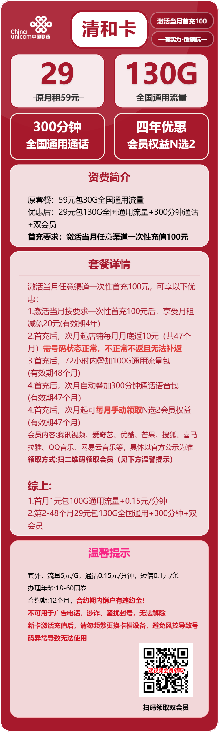 联通清和卡29元/月：130G流量+300分钟通话+双会员（4年套餐，送4年双视频会员）