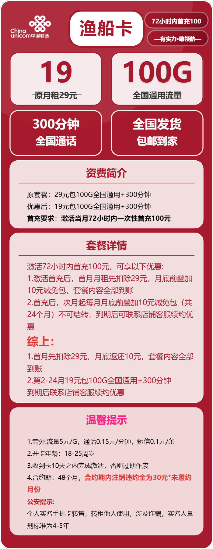 联通渔船卡19元/月：100G流量+300分钟通话（长期套餐）