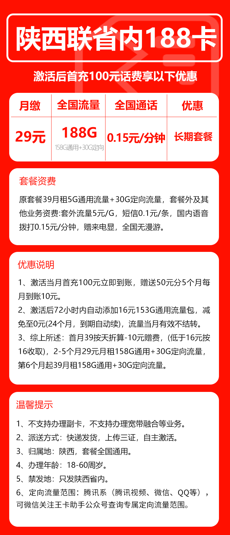 联通陕西省内188卡②29元/月：188G流量+0.15元/分钟（长期套餐，只发陕西省内，可选号）