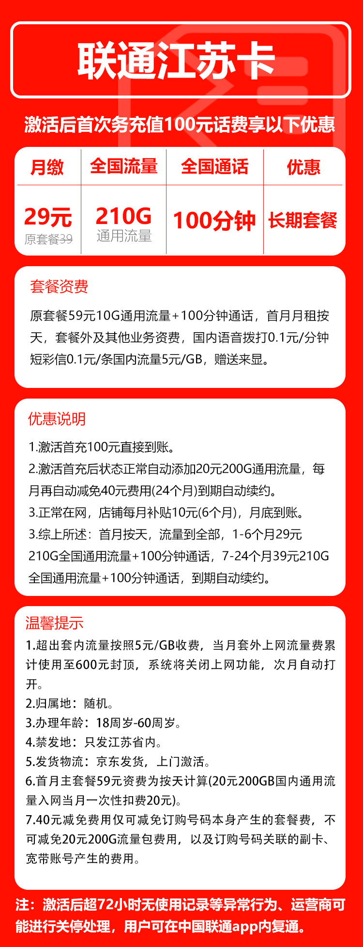 联通江苏卡29元/月：210G流量+100分钟通话（第7个月起39元月租，长期套餐，仅发江苏省内，可选号）