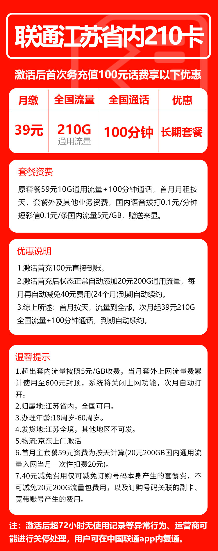 联通江苏省内210卡②39元/月：210G流量+100分钟通话（长期套餐，仅发江苏省内，可选号）