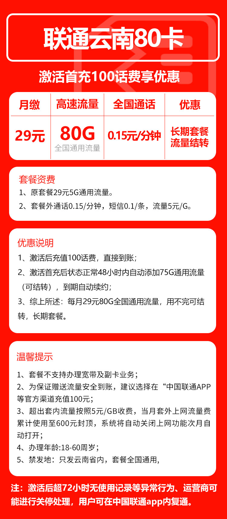 联通云南省内80卡29元/月：80G流量+通话0.15元/分钟（长期套餐，流量可结转，仅发云南省内）
