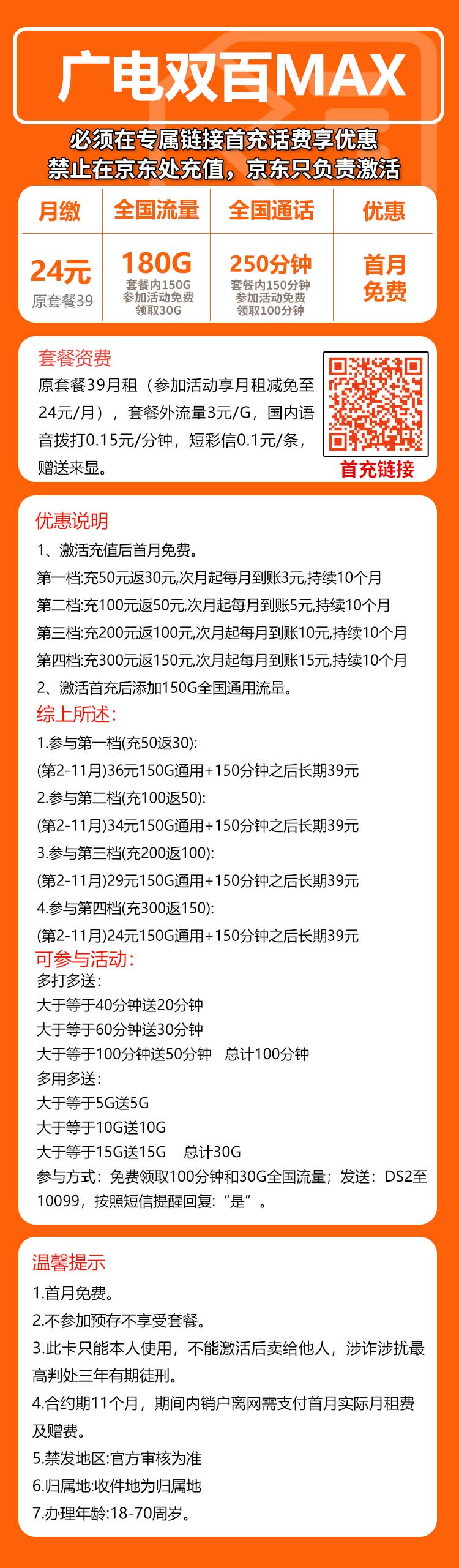 广电双百MAX卡①24元/月：180G流量+250分钟通话（第12个月起39元月租，长期套餐，收货地为归属地，可选号）