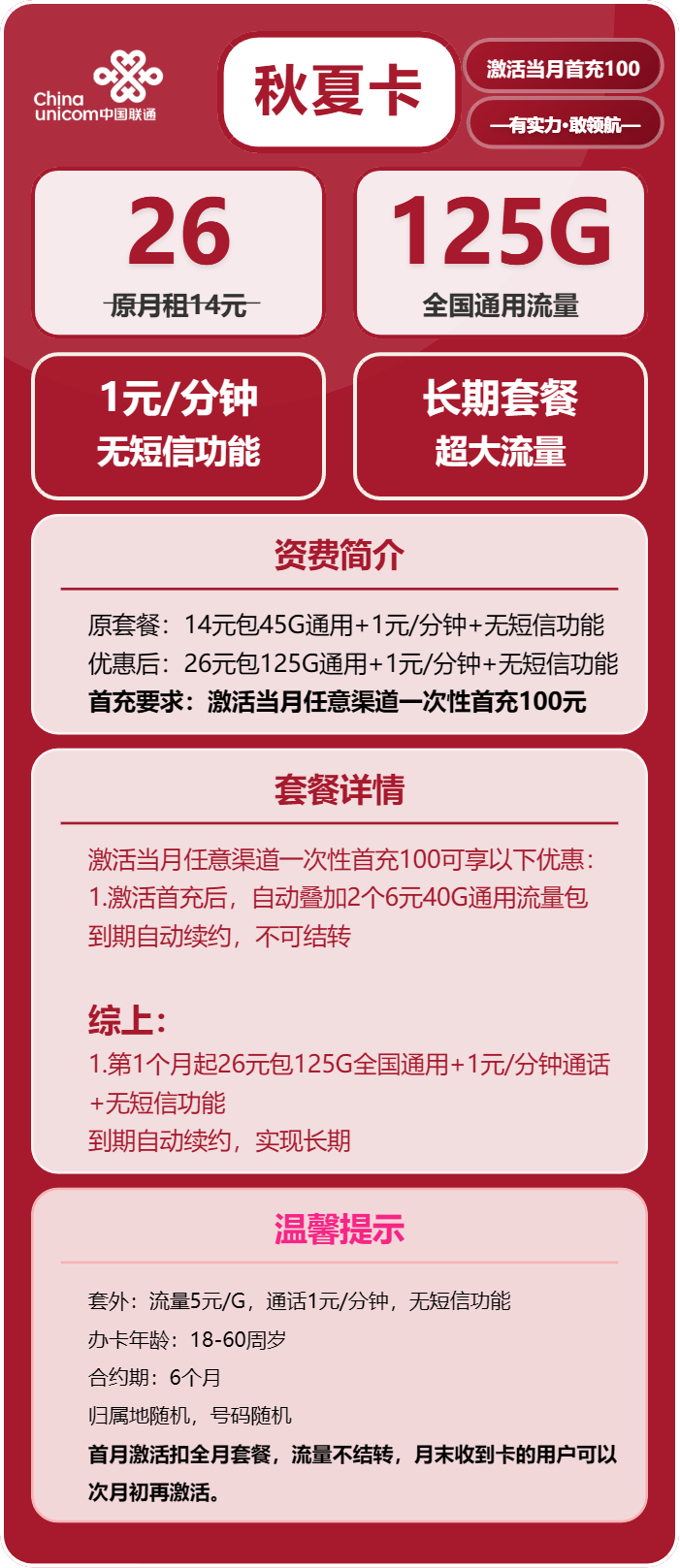 联通秋夏卡26元/月：125G流量+通话1元/分钟（长期套餐）