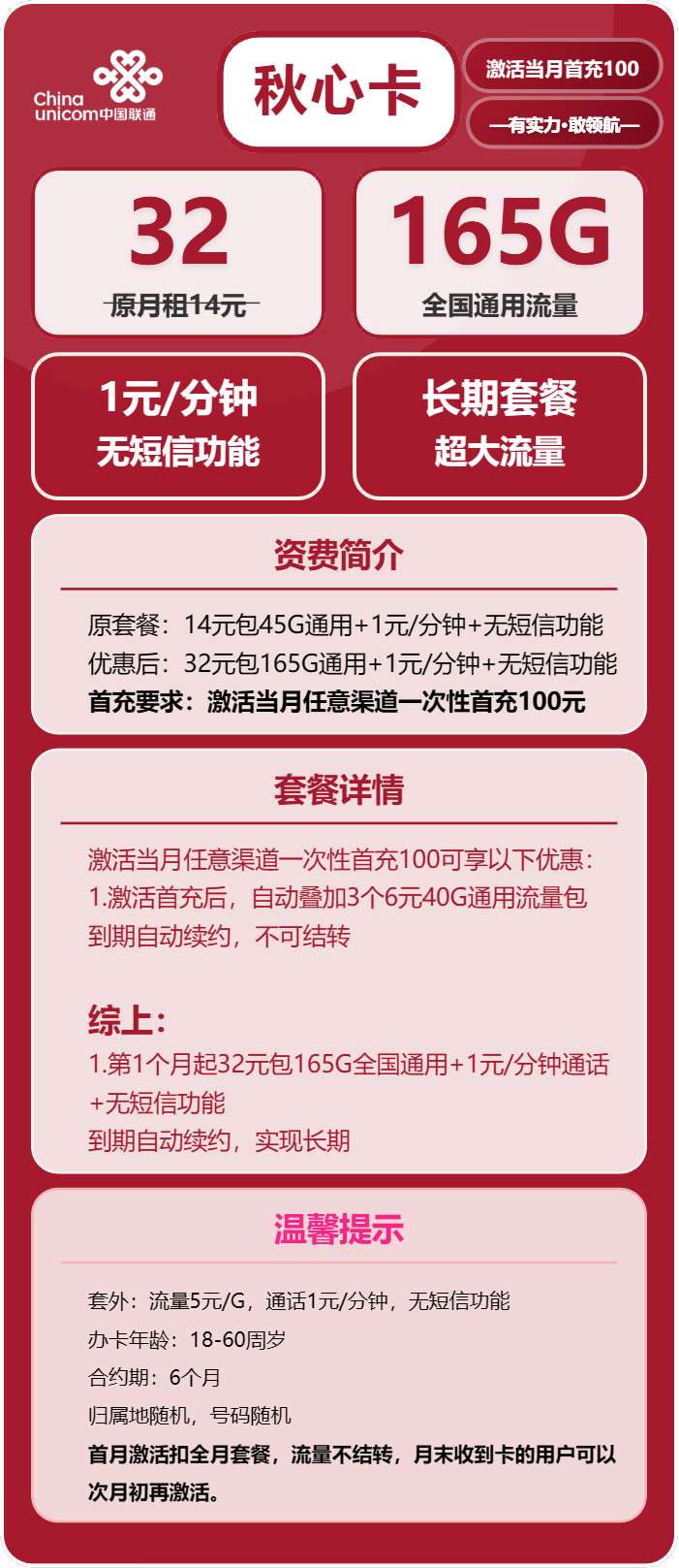 联通秋心卡32元/月：165G流量+通话1元/分钟（长期套餐）