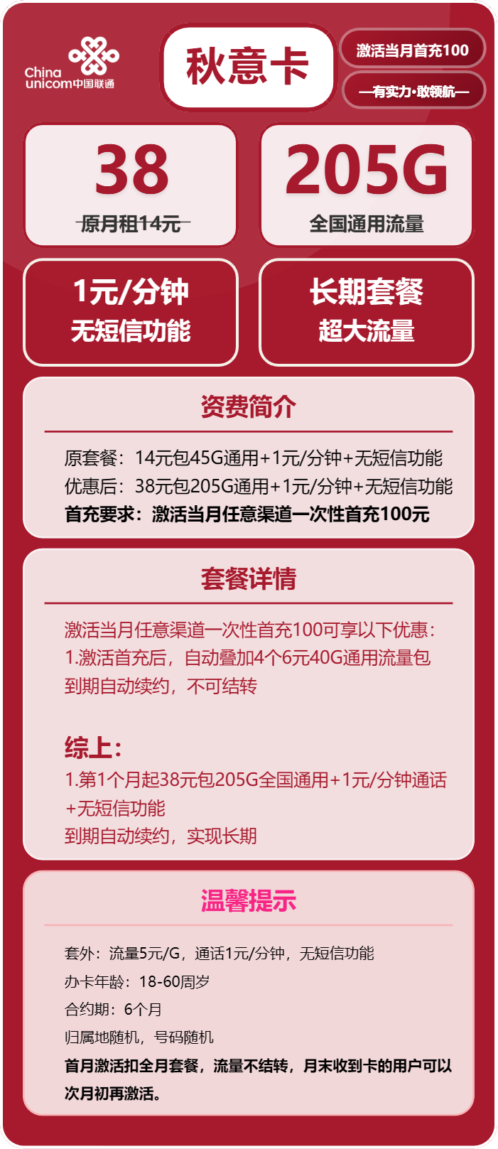 联通秋意卡38元/月：205G流量+通话1元/分钟（长期套餐）
