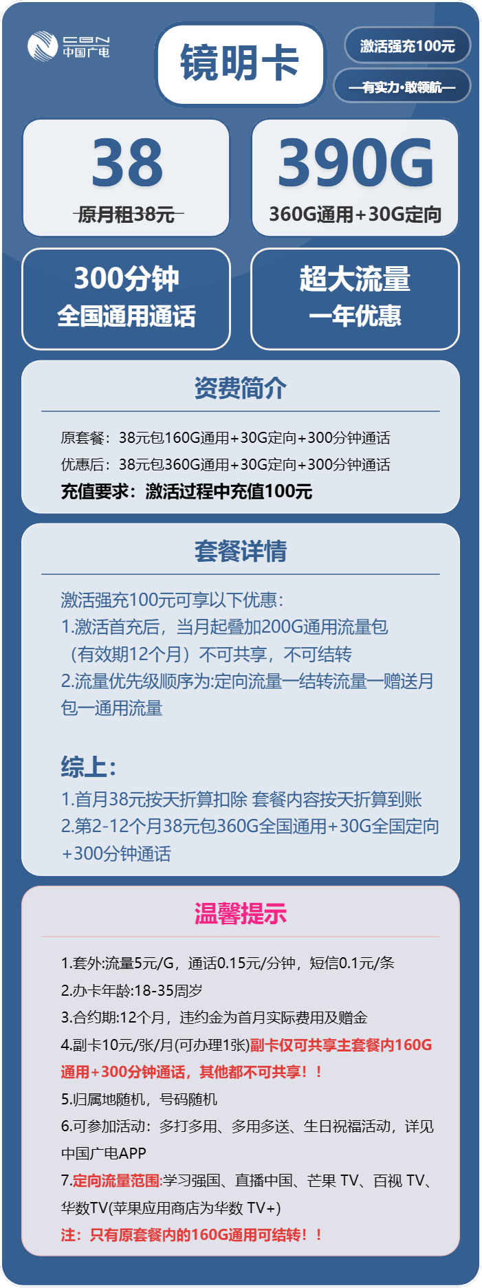 广电镜明卡38元/月：390G流量+300分钟通话（长期套餐）