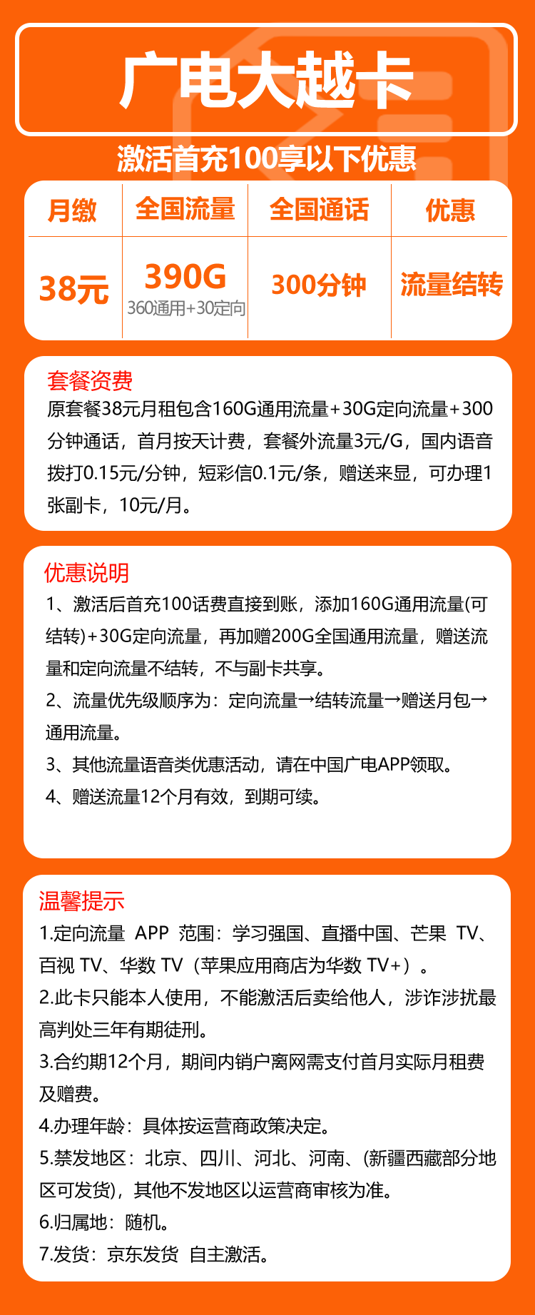 广电大越卡②38元/月：390G流量+300分钟通话（长期套餐）