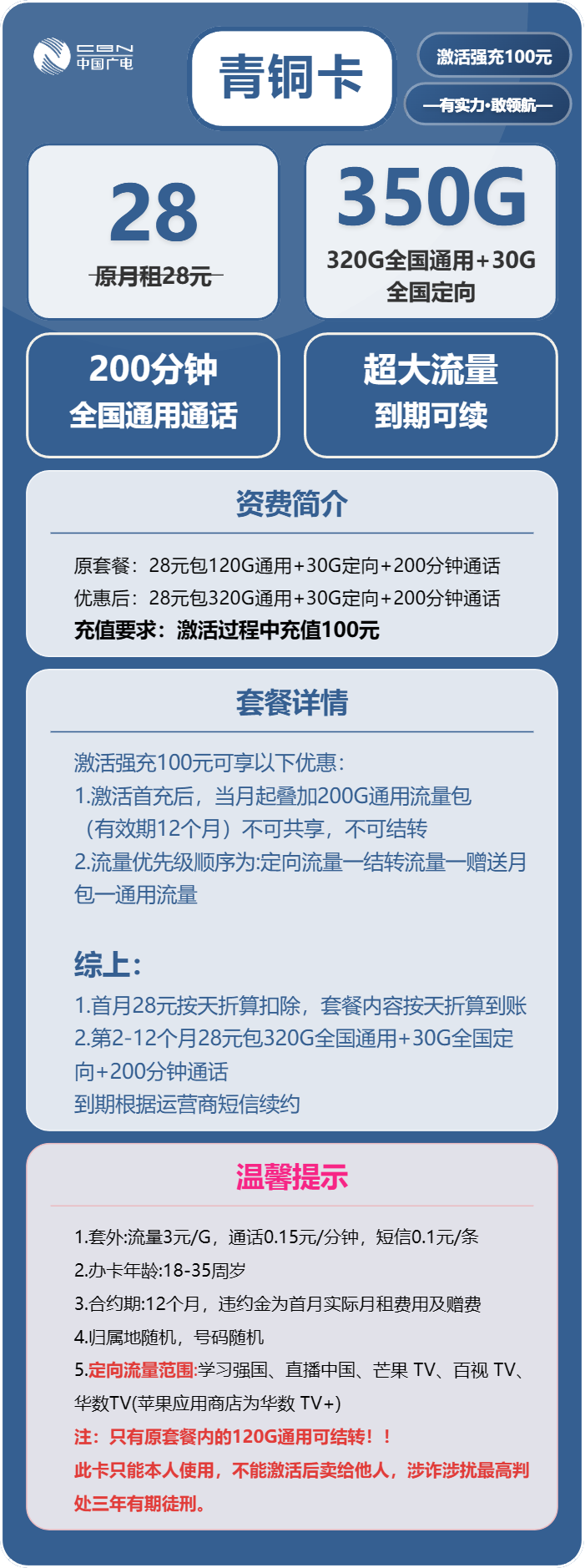 广电青铜卡28元/月：350G流量+200分钟通话（长期套餐，流量可结转）