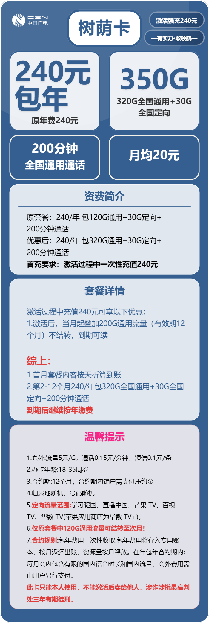 广电树荫卡240元/年：每月350G流量+200分钟通话（长期套餐）