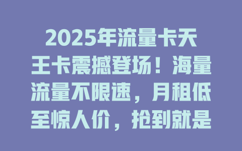 2025年流量卡天王卡震撼登场！海量流量不限速，月租低至惊人价，抢到就是赚到！