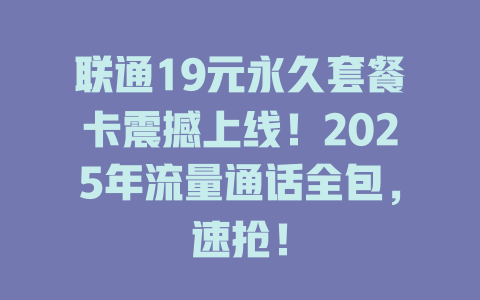 联通19元永久套餐卡震撼上线！2025年流量通话全包，速抢！