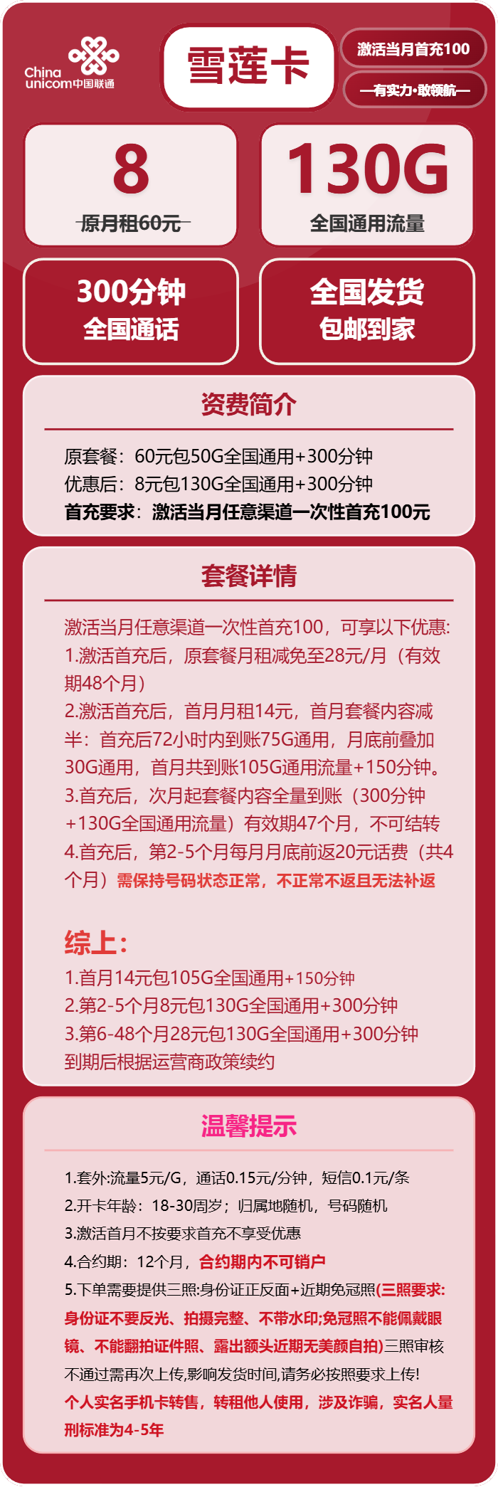 联通雪莲卡8元/月：130G流量+300分钟通话（第6个月起28元月租，4年套餐）