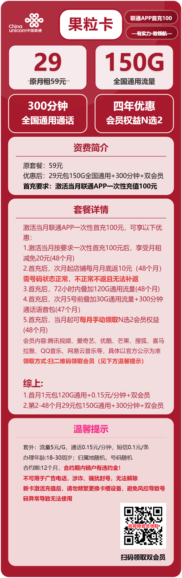 联通果粒卡29元/月：150G流量+300分钟通话+双会员（4年套餐，送4年双视频会员，需提供一证通查截图）