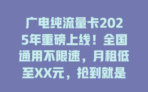 广电纯流量卡2025年重磅上线！全国通用不限速，月租低至XX元，抢到就是赚到！