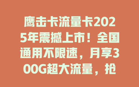 鹰击卡流量卡2025年震撼上市！全国通用不限速，月享300G超大流量，抢到就是赚到！