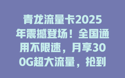 青龙流量卡2025年震撼登场！全国通用不限速，月享300G超大流量，抢到就是赚到！