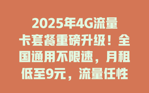 2025年4G流量卡套餐重磅升级！全国通用不限速，月租低至9元，流量任性用！