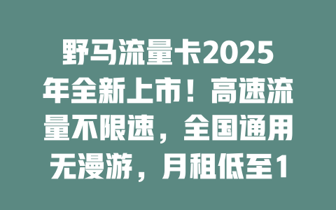 野马流量卡2025年全新上市！高速流量不限速，全国通用无漫游，月租低至19元！