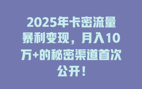 2025年卡密流量暴利变现，月入10万+的秘密渠道首次公开！