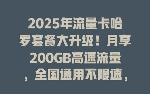 2025年流量卡哈罗套餐大升级！月享200GB高速流量，全国通用不限速，现在办理还送100分钟通话！