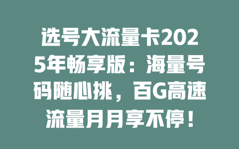 选号大流量卡2025年畅享版：海量号码随心挑，百G高速流量月月享不停！