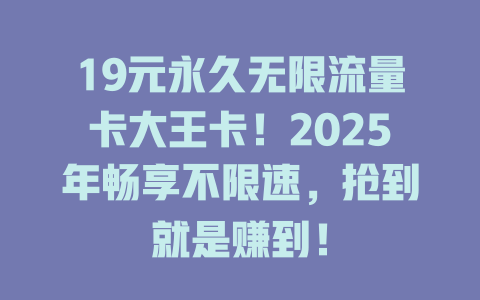 19元永久无限流量卡大王卡！2025年畅享不限速，抢到就是赚到！