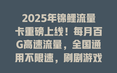 2025年锦鲤流量卡重磅上线！每月百G高速流量，全国通用不限速，刷剧游戏随心所欲