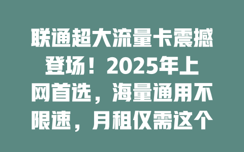 联通超大流量卡震撼登场！2025年上网首选，海量通用不限速，月租仅需这个数