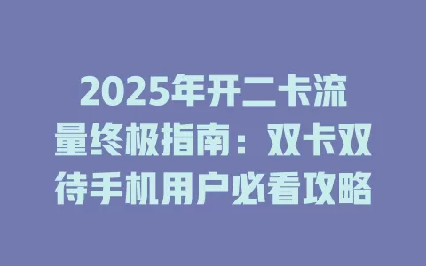 2025年开二卡流量终极指南：双卡双待手机用户必看攻略