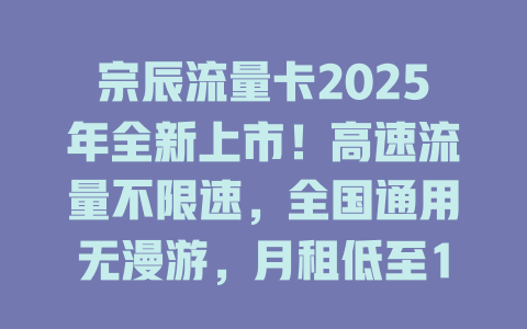 宗辰流量卡2025年全新上市！高速流量不限速，全国通用无漫游，月租低至19元！
