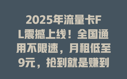 2025年流量卡FL震撼上线！全国通用不限速，月租低至9元，抢到就是赚到！