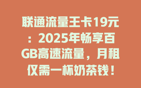 联通流量王卡19元：2025年畅享百GB高速流量，月租仅需一杯奶茶钱！