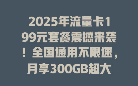 2025年流量卡199元套餐震撼来袭！全国通用不限速，月享300GB超大流量，现在办理还送100分钟通话！