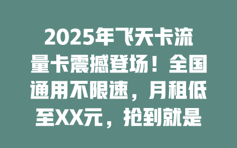 2025年飞天卡流量卡震撼登场！全国通用不限速，月租低至XX元，抢到就是赚到！