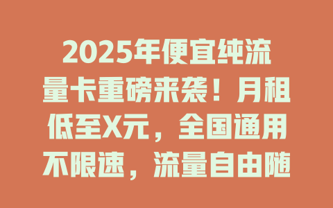 2025年便宜纯流量卡重磅来袭！月租低至X元，全国通用不限速，流量自由随心享！