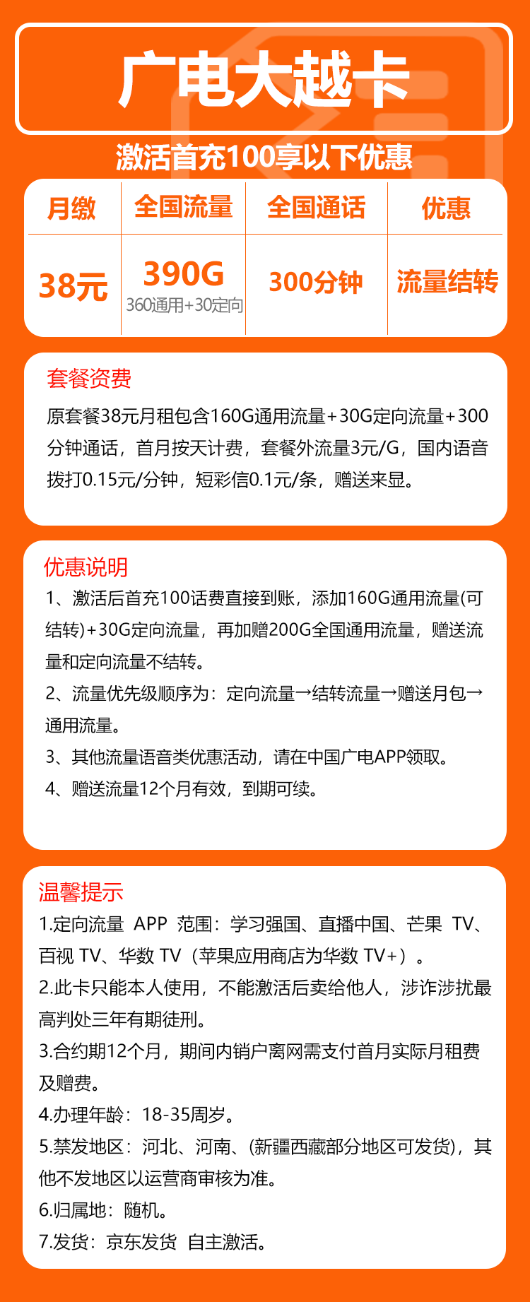 广电大越卡④38元/月：390G流量+300分钟通话（长期套餐，流量可结转）