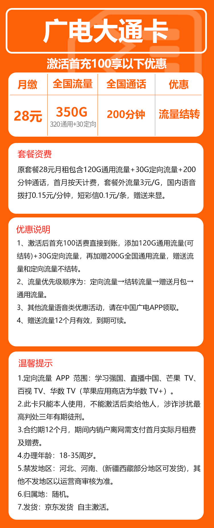 广电大通卡④28元/月：350G流量+200分钟通话（长期套餐，流量可结转）
